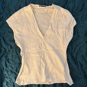 Zara Linen cream V-Neck Top